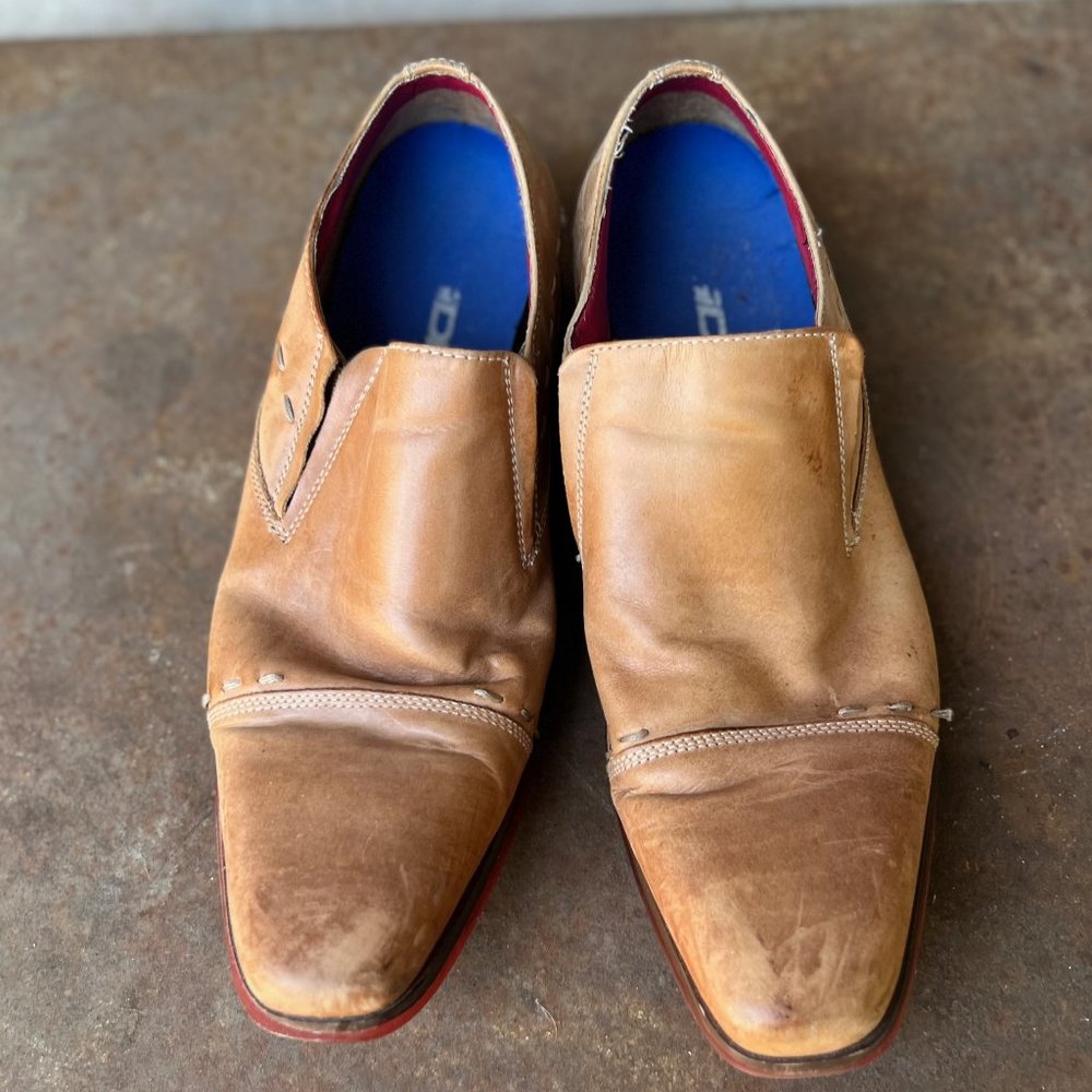 Steve Madden Mens Pylon Camel Leather Cap Toe Brown Slip On Shoes